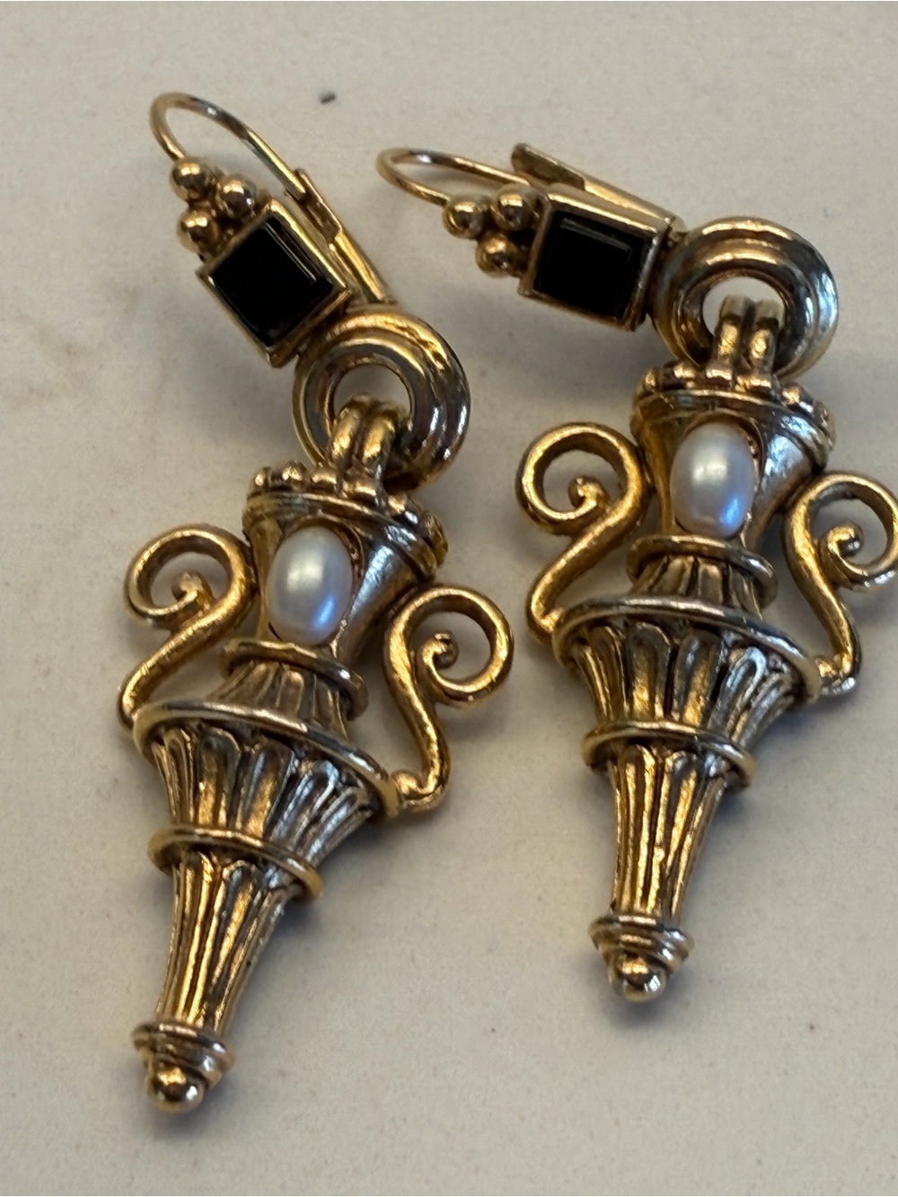 Vintage revival gold-tone urn and lamp-post dangle earrings